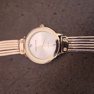 Anne Klein diamond Gold tone watch vj21 Liquid metal strand bracelet